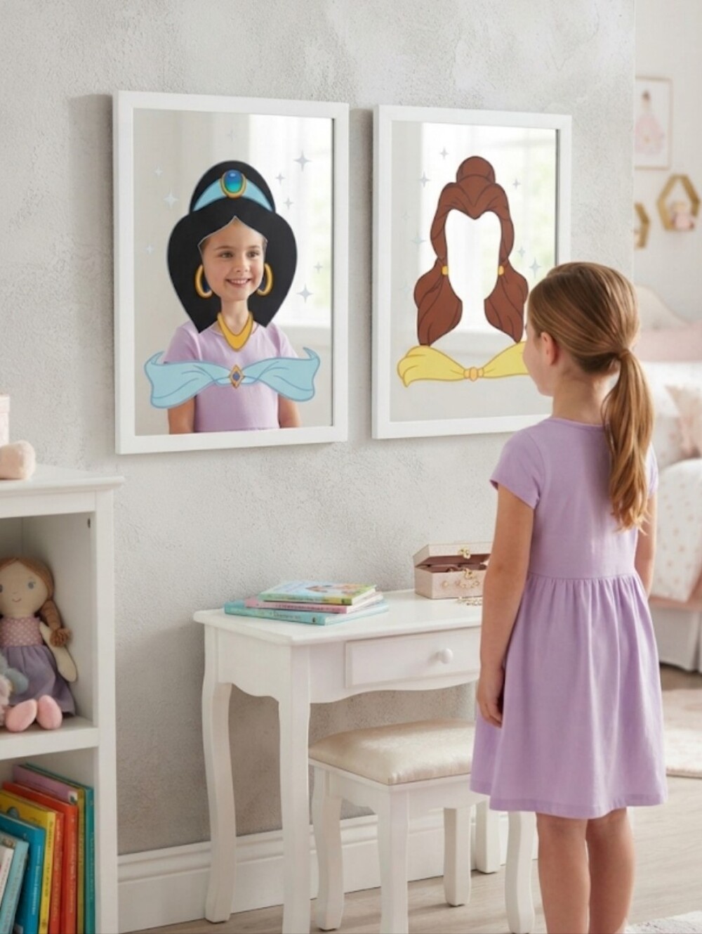 👑 2 Disney Princess Jasmine & Belle Mirrored Silhouette Art ~12.5" x 15.5"